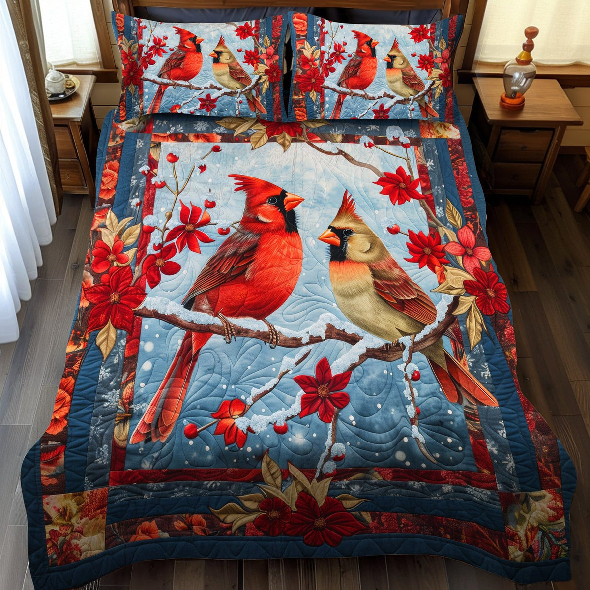 Winter Cardinal Love quilted 3-piece bedding set on a made bed in a winter-styled bedroom