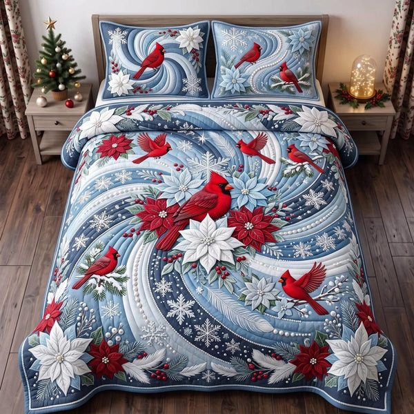 Winter Cardinal quilted 3-piece bedding set on a made bed in a winter-styled bedroom