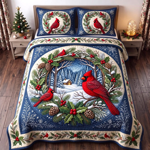 Winter Cardinal quilted 3-piece bedding set on a made bed in a winter-styled bedroom