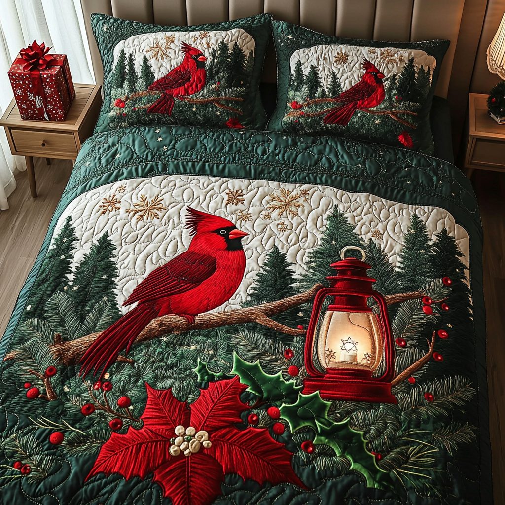Winter Cardinal quilted 3-piece bedding set on a made bed in a winter-styled bedroom