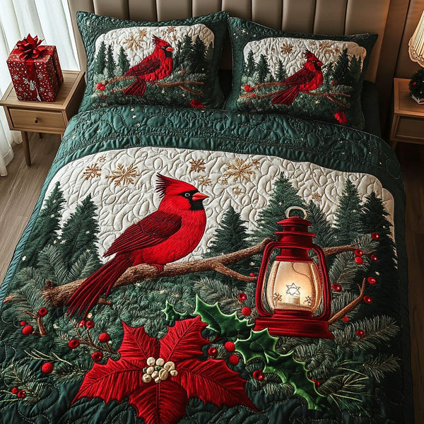 Winter Cardinal quilted 3-piece bedding set on a made bed in a winter-styled bedroom