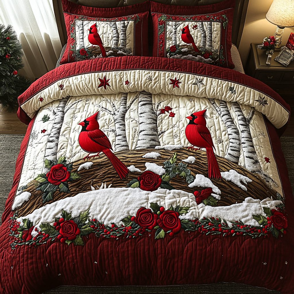 Winter Cardinal quilted 3-piece bedding set on a made bed in a winter-styled bedroom