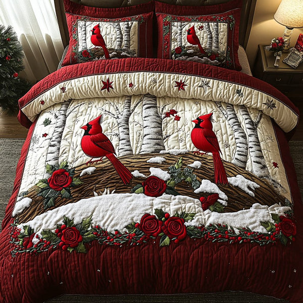 Winter Cardinal quilted 3-piece bedding set on a made bed in a winter-styled bedroom