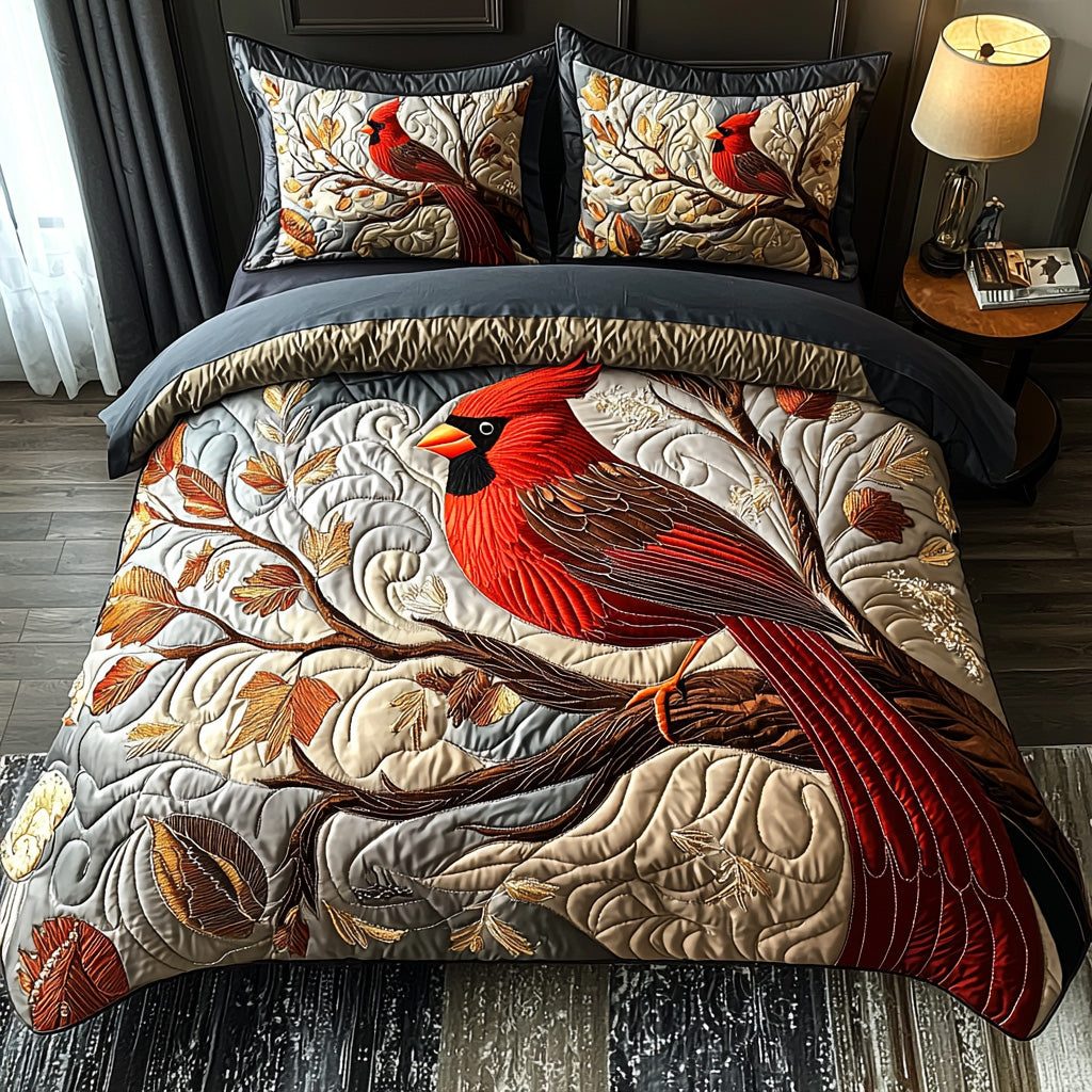 Winter Cardinal quilted 3-piece bedding set on a made bed in a winter-styled bedroom