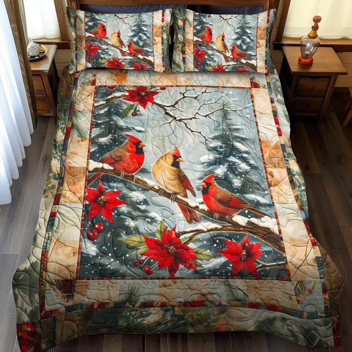 Winter Cardinal quilted 3-piece bedding set on a made bed in a winter-styled bedroom