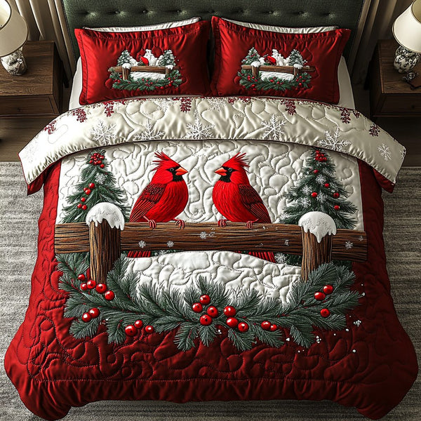 Winter Cardinals quilted 3-piece bedding set on a made bed in a winter-styled bedroom