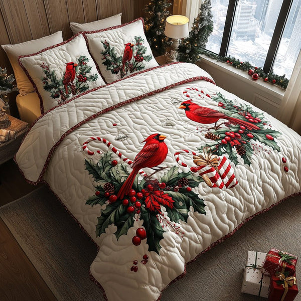 Winter Cardinals quilted 3-piece bedding set on a made bed in a winter-styled bedroom