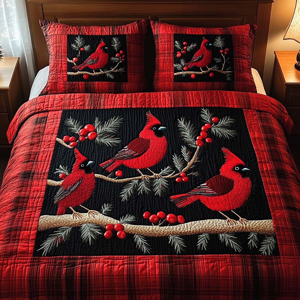 Winter Cardinals quilted 3-piece bedding set on a made bed in a winter-styled bedroom