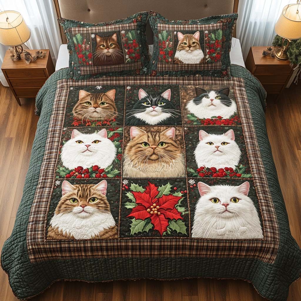 Winter Cat Delight quilted 3-piece bedding set on a made bed in a winter-styled bedroom