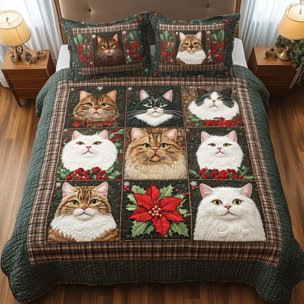 Winter Cat Delight quilted 3-piece bedding set on a made bed in a winter-styled bedroom