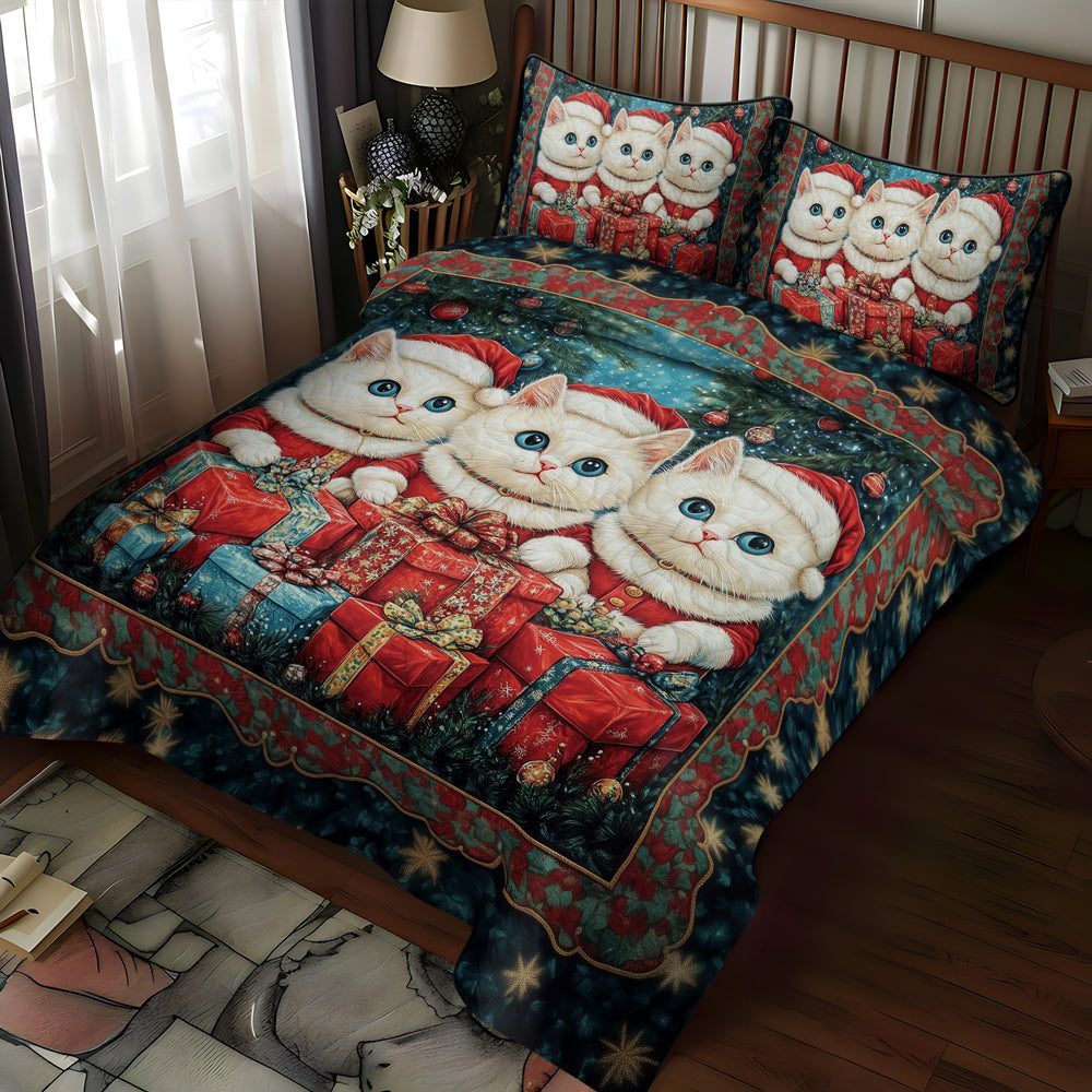 Winter Cat Magic quilted 3-piece bedding set on a made bed in a winter-styled bedroom