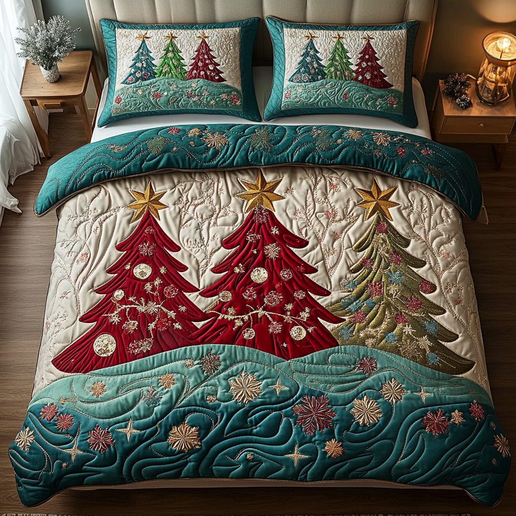 Winter Charm quilted 3-piece bedding set on a made bed in a winter-styled bedroom