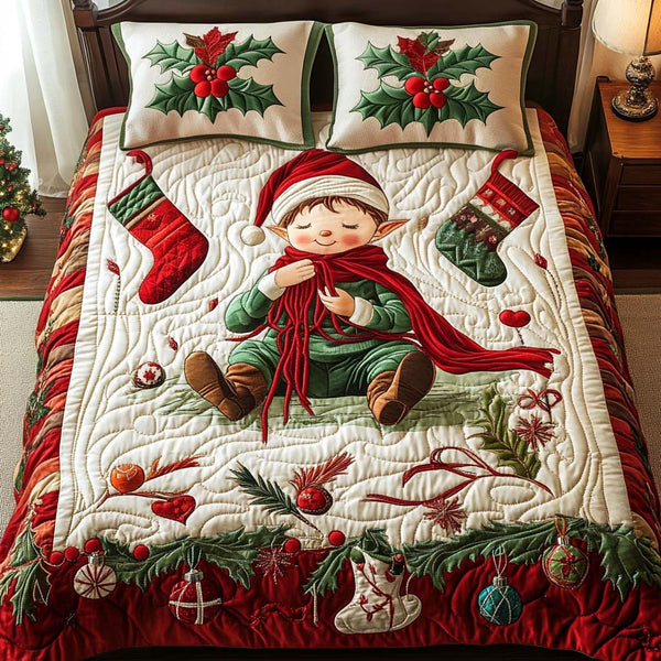Winter Charm quilted 3-piece bedding set on a made bed in a winter-styled bedroom