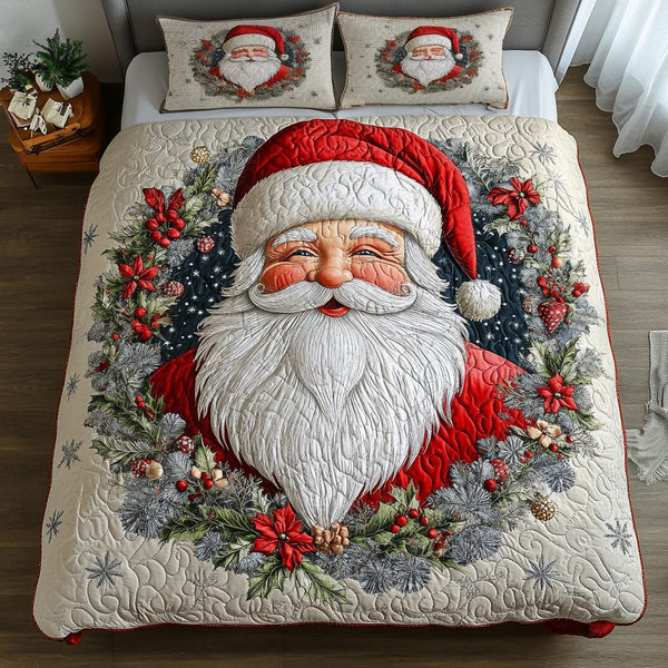Winter Cheer quilted 3-piece bedding set on a made bed in a winter-styled bedroom