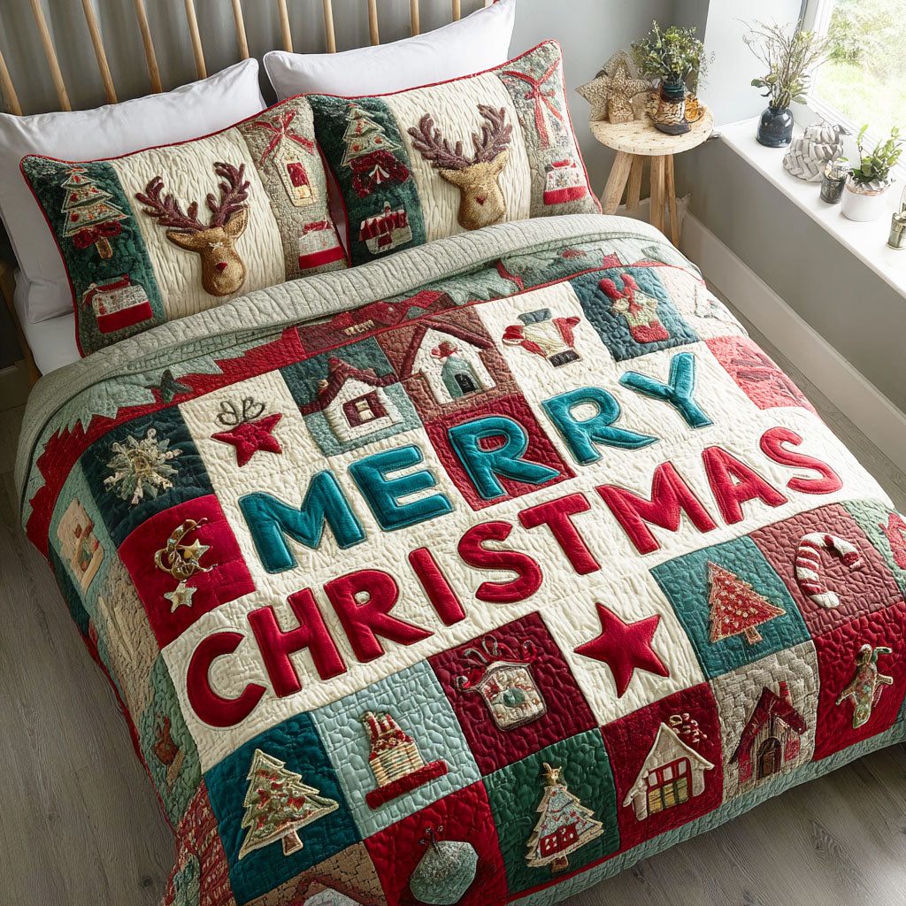 Winter Cheer quilted 3-piece bedding set on a made bed in a winter-styled bedroom