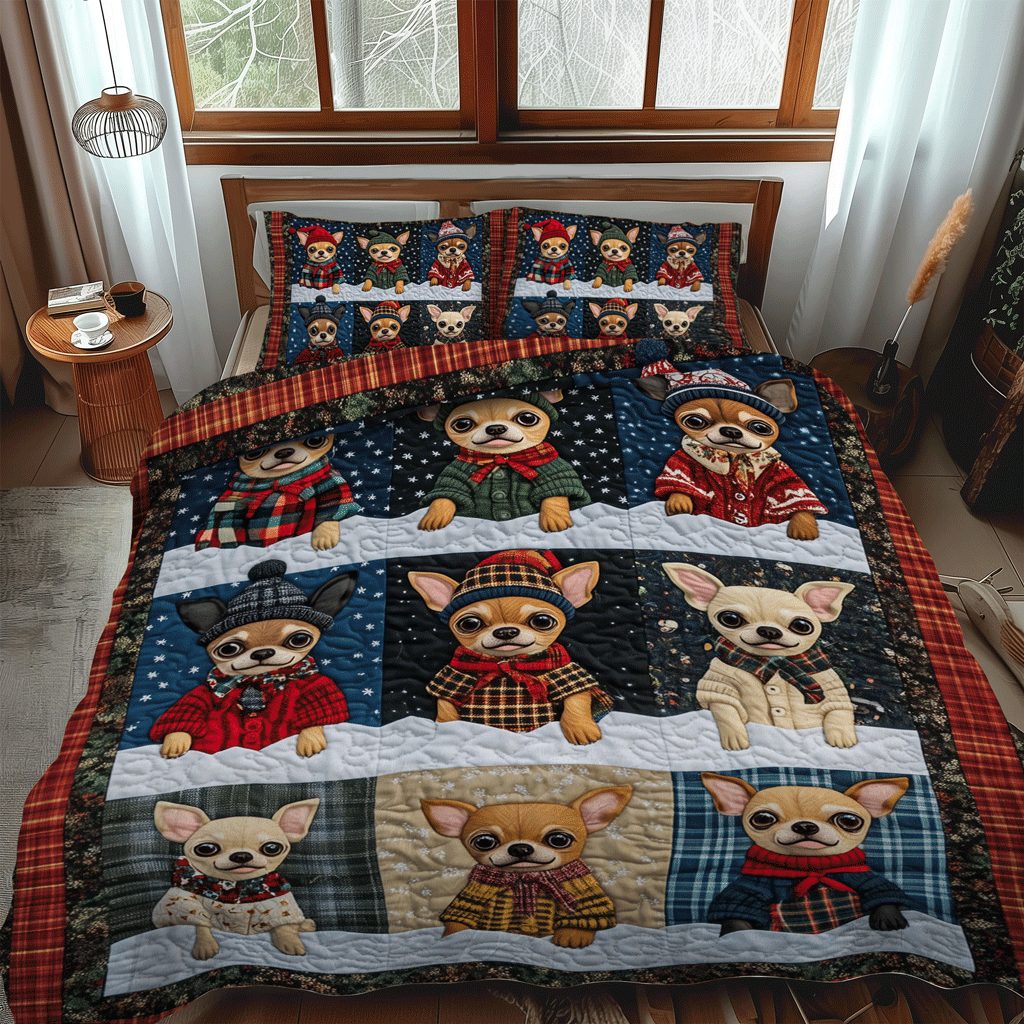 Winter Chi-mas quilted 3-piece bedding set on a made bed in a winter-styled bedroom