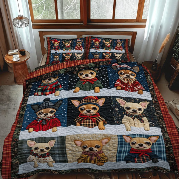 Winter Chi-mas quilted 3-piece bedding set on a made bed in a winter-styled bedroom