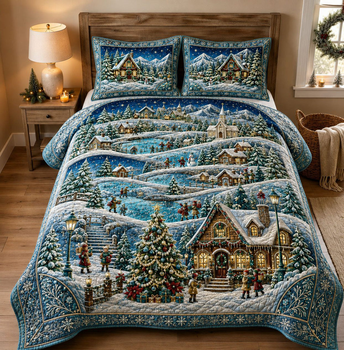 Winter Christmas Village quilted 3-piece bedding set on a made bed in a winter-styled bedroom