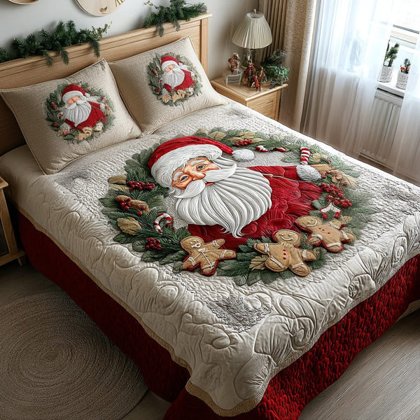 Winter Claus quilted 3-piece bedding set on a made bed in a winter-styled bedroom
