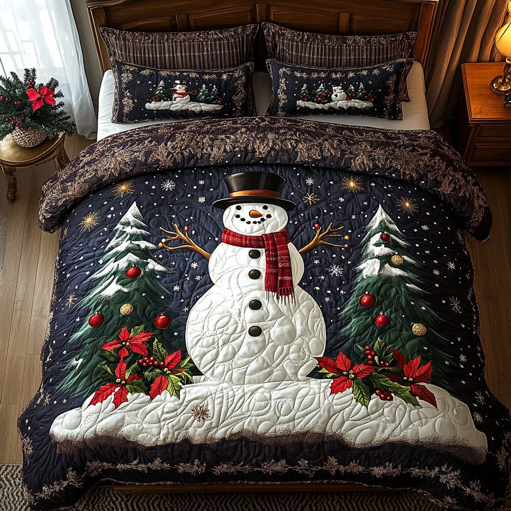 Winter Companions quilted 3-piece bedding set on a made bed in a winter-styled bedroom