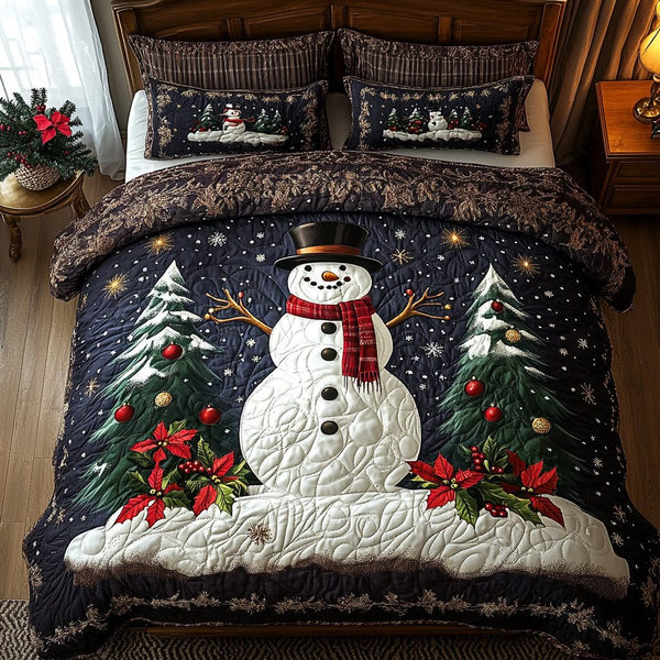 Winter Companions quilted 3-piece bedding set on a made bed in a winter-styled bedroom