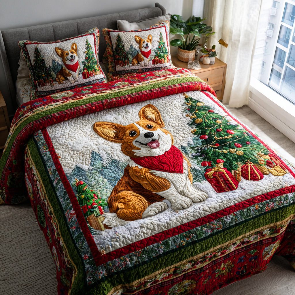 Winter Corgi Wonderland quilted 3-piece bedding set on a made bed in a winter-styled bedroom