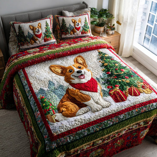 Winter Corgi Wonderland quilted 3-piece bedding set on a made bed in a winter-styled bedroom