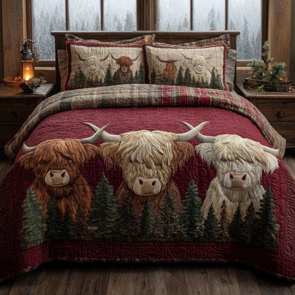 Winter Cow quilted 3-piece bedding set on a made bed in a winter-styled bedroom