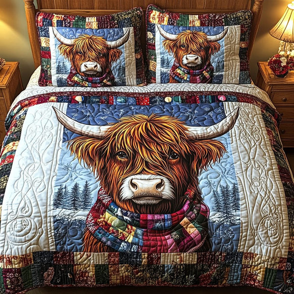 Winter Cow quilted 3-piece bedding set on a made bed in a winter-styled bedroom