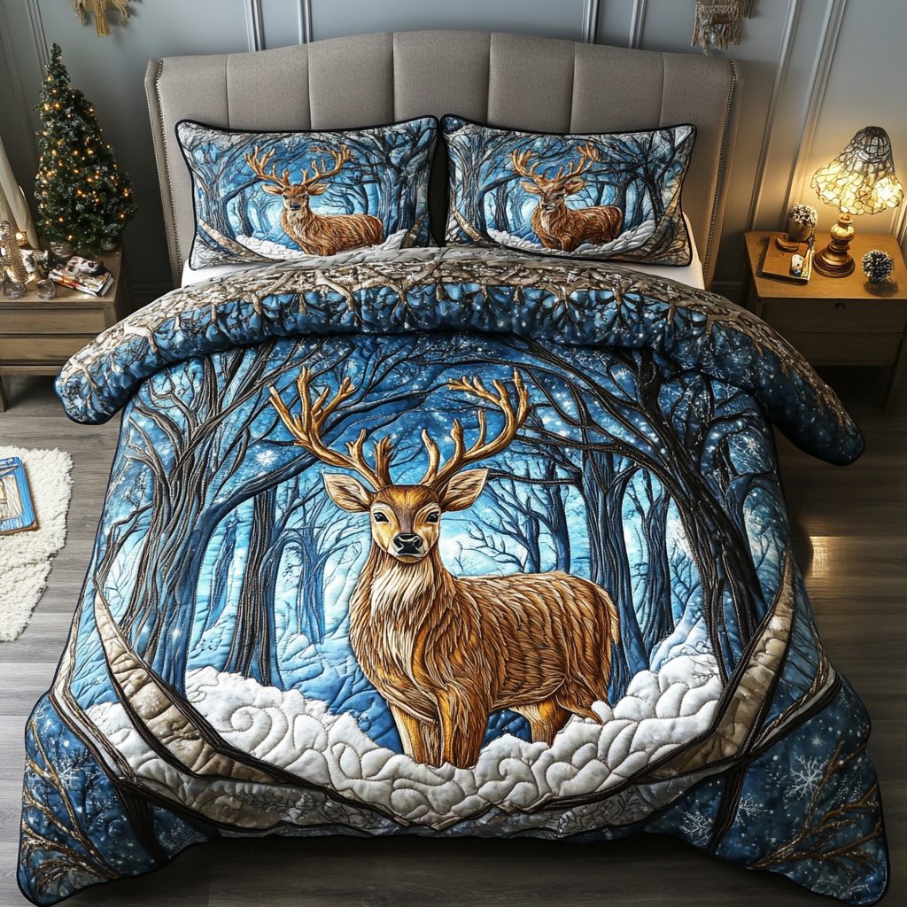 Winter Deer Bliss quilted 3-piece bedding set on a made bed in a winter-styled bedroom