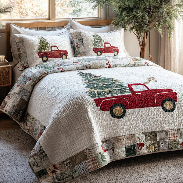 Winter Delivery quilted 3-piece bedding set on a made bed in a winter-styled bedroom