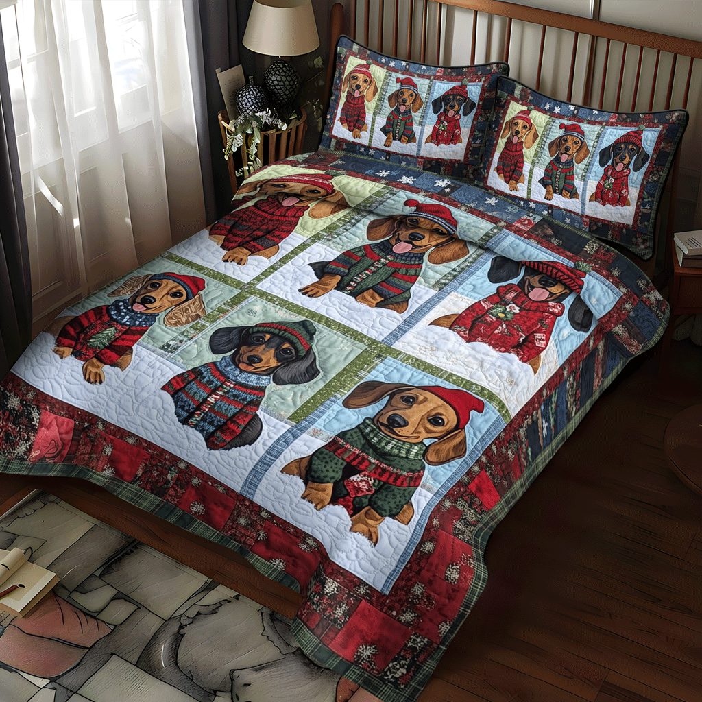 Winter Doxie Cozy quilted 3-piece bedding set on a made bed in a winter-styled bedroom