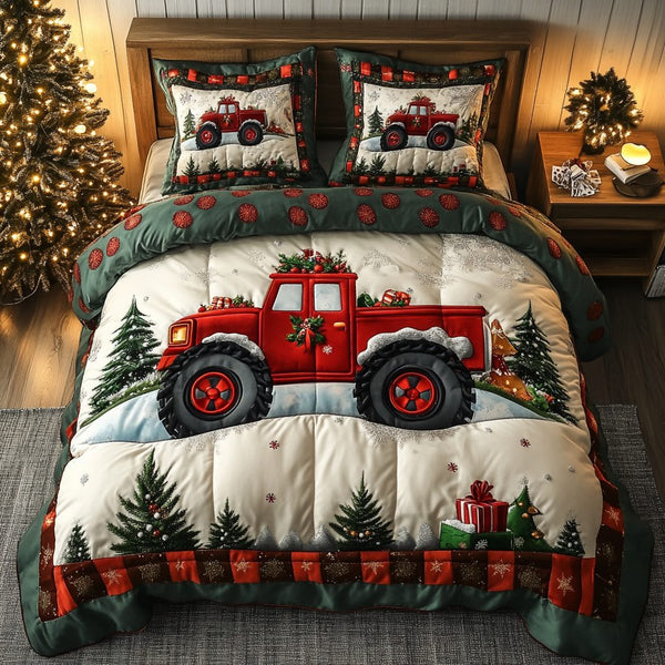 Winter Drive quilted 3-piece bedding set on a made bed in a winter-styled bedroom