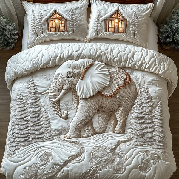 Winter Elephant quilted 3-piece bedding set on a made bed in a winter-styled bedroom