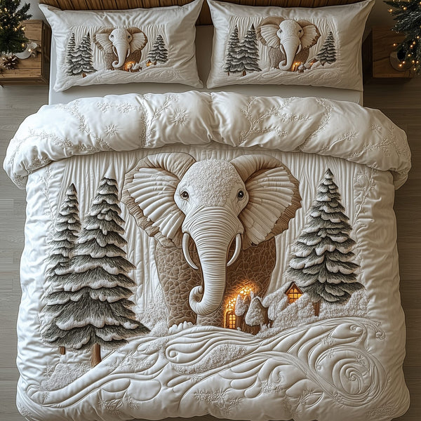 Winter Elephant quilted 3-piece bedding set on a made bed in a winter-styled bedroom