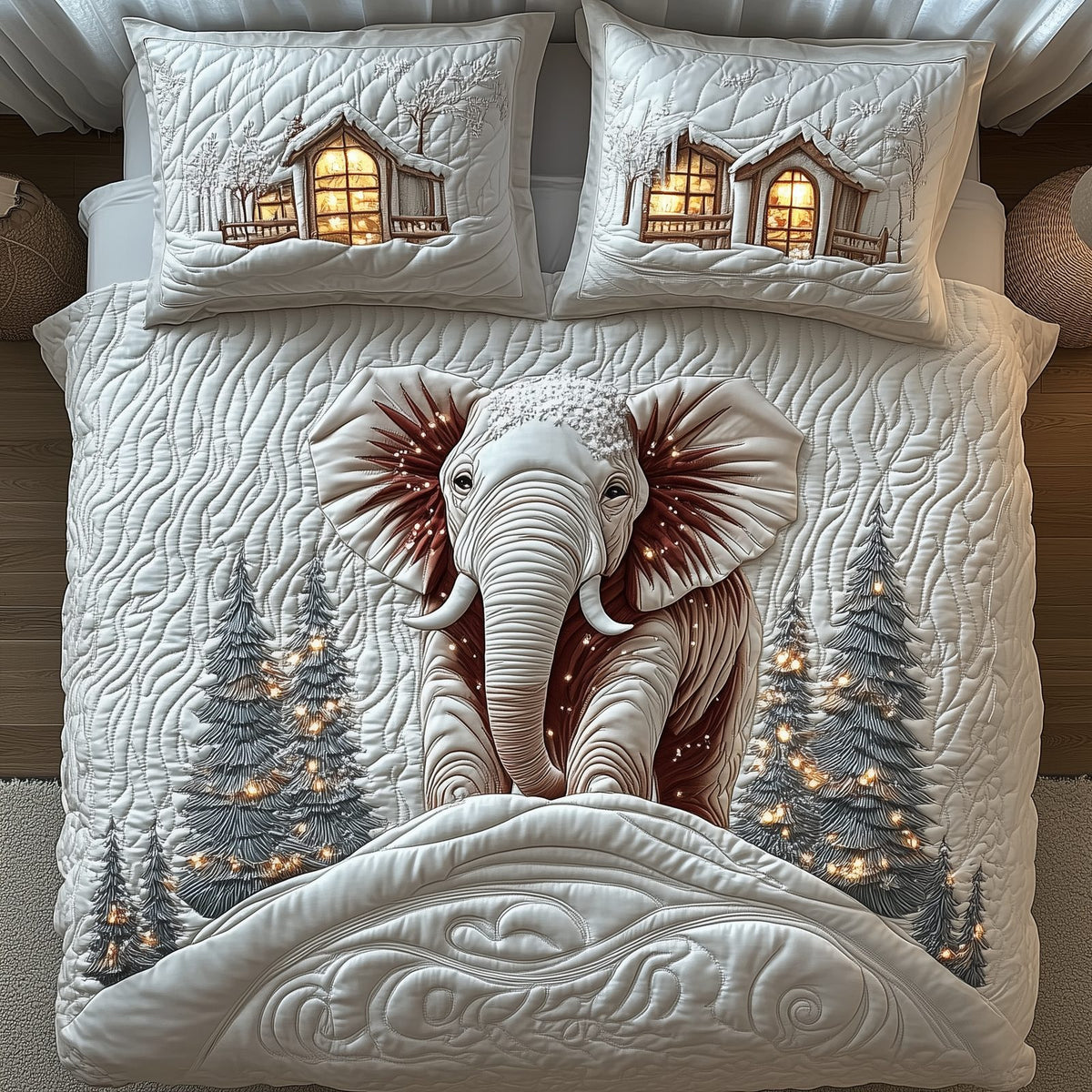 Winter Elephant quilted 3-piece bedding set on a made bed in a winter-styled bedroom