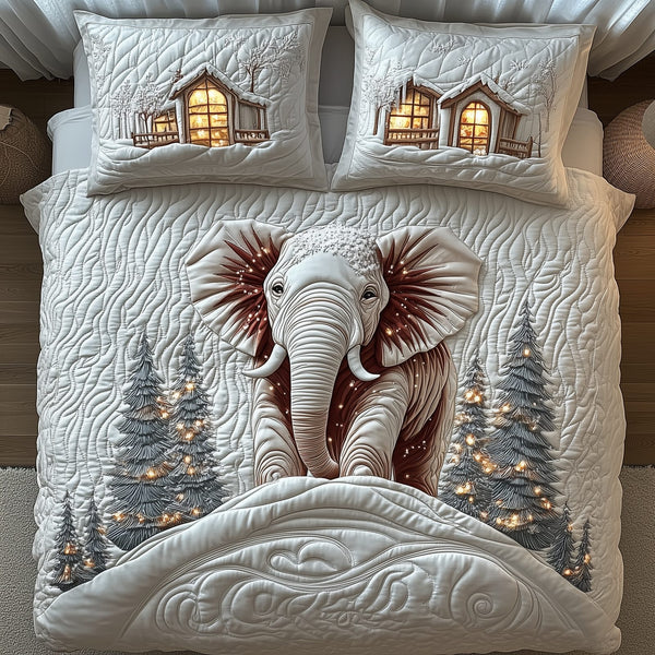 Winter Elephant quilted 3-piece bedding set on a made bed in a winter-styled bedroom
