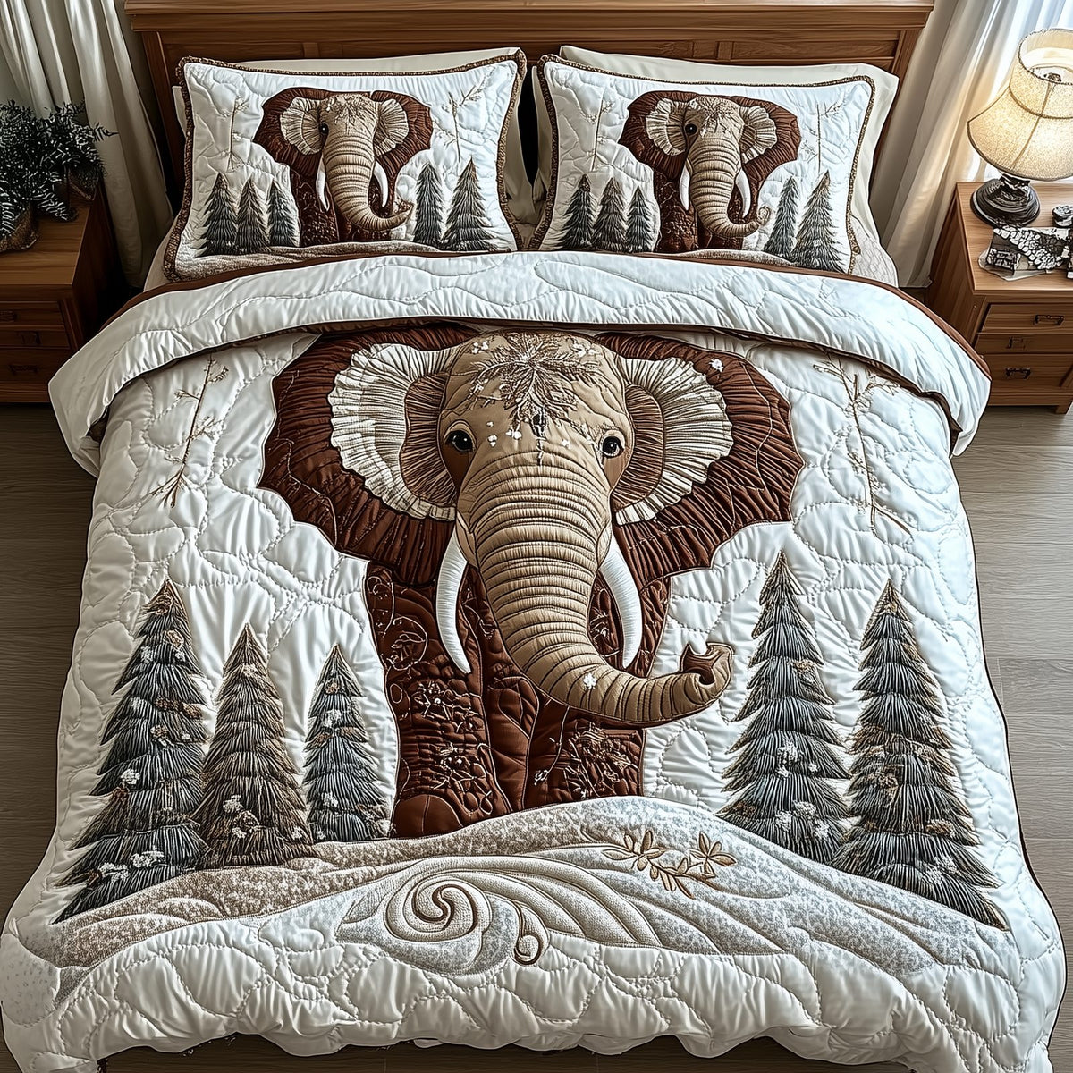 Winter Elephant quilted 3-piece bedding set on a made bed in a winter-styled bedroom