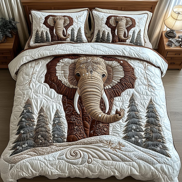 Winter Elephant quilted 3-piece bedding set on a made bed in a winter-styled bedroom