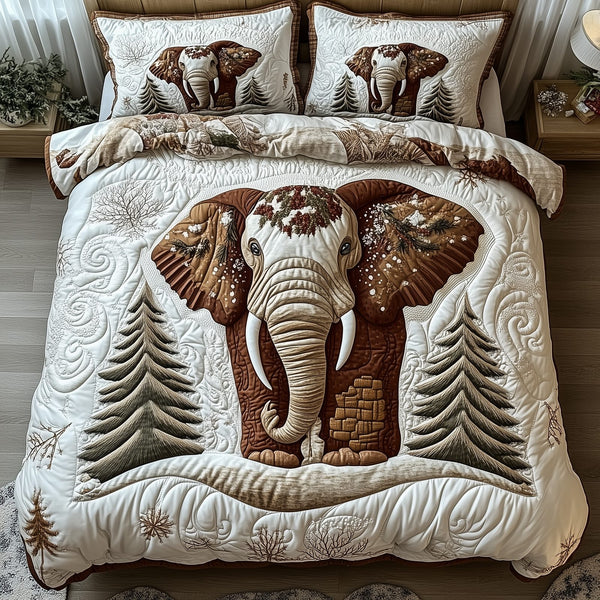 Winter Elephant quilted 3-piece bedding set on a made bed in a winter-styled bedroom