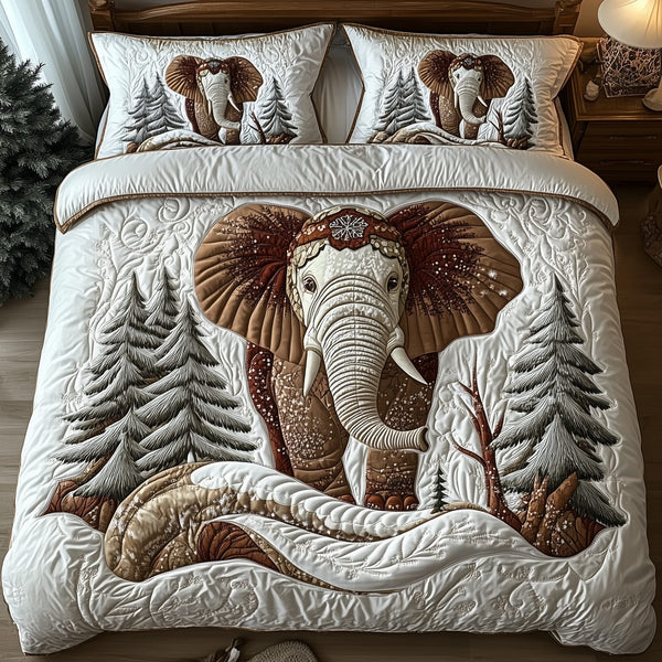 Winter Elephant quilted 3-piece bedding set on a made bed in a winter-styled bedroom