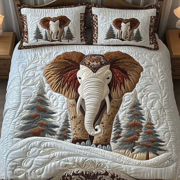 Winter Elephant quilted 3-piece bedding set on a made bed in a winter-styled bedroom