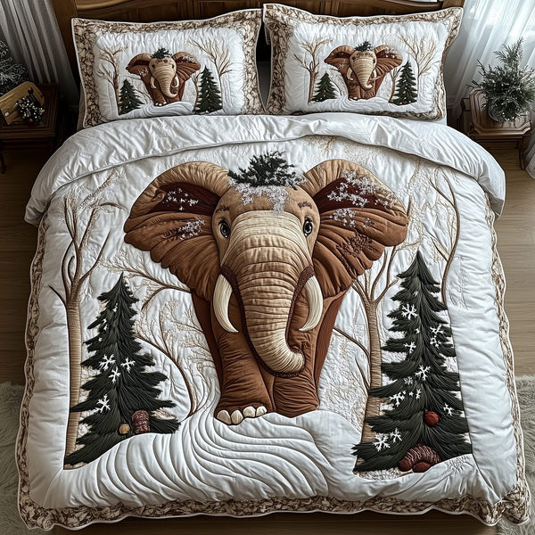 Winter Elephant quilted 3-piece bedding set on a made bed in a winter-styled bedroom