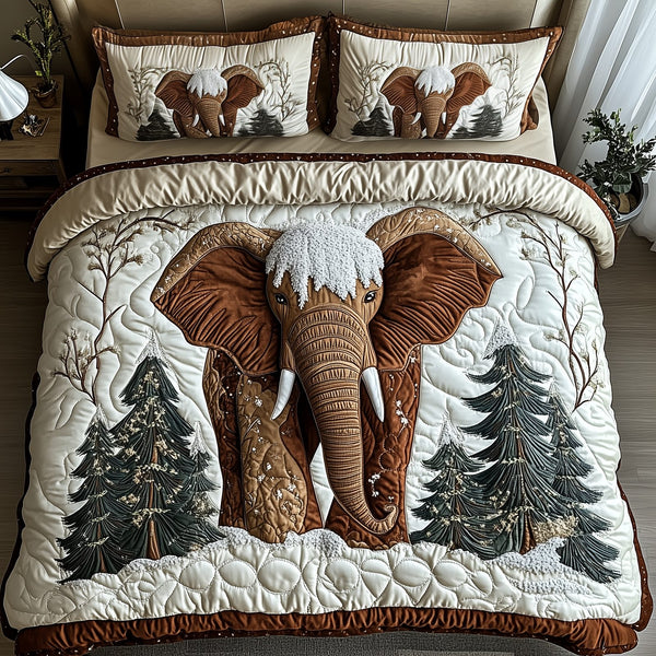 Winter Elephant quilted 3-piece bedding set on a made bed in a winter-styled bedroom
