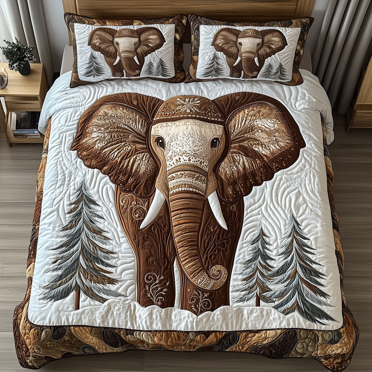 Winter Elephant quilted 3-piece bedding set on a made bed in a winter-styled bedroom