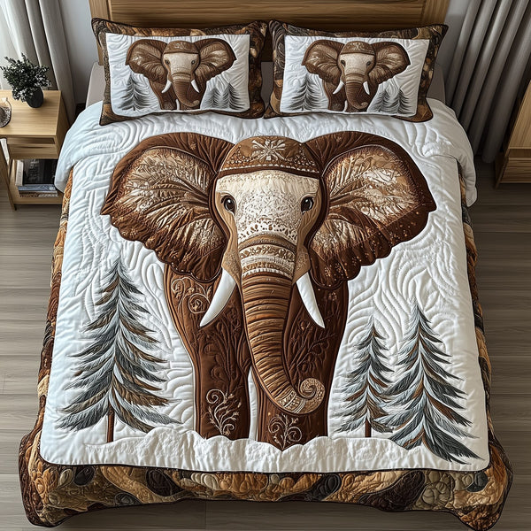 Winter Elephant quilted 3-piece bedding set on a made bed in a winter-styled bedroom