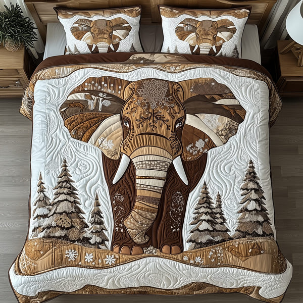 Winter Elephant quilted 3-piece bedding set on a made bed in a winter-styled bedroom