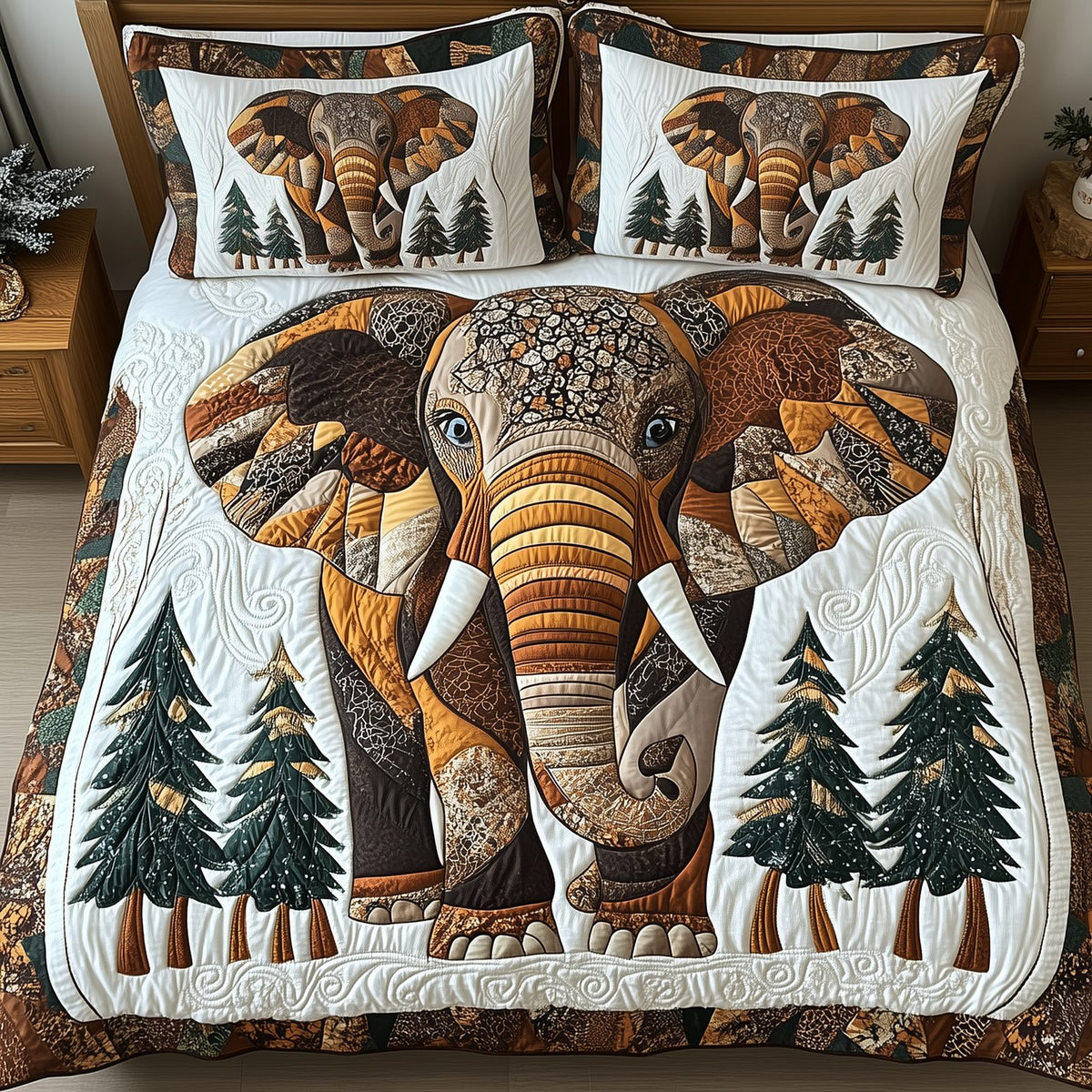 Winter Elephant quilted 3-piece bedding set on a made bed in a winter-styled bedroom
