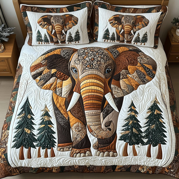 Winter Elephant quilted 3-piece bedding set on a made bed in a winter-styled bedroom