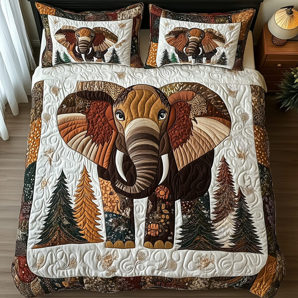 Winter Elephant quilted 3-piece bedding set on a made bed in a winter-styled bedroom